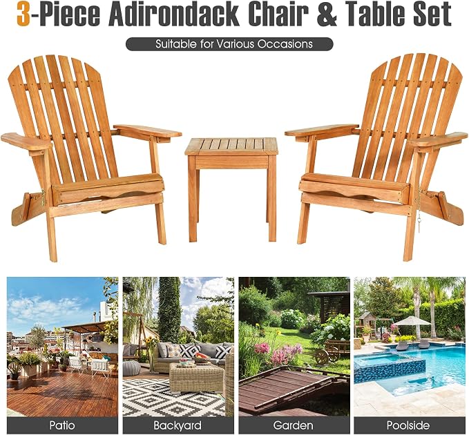 Tangkula 3 Pieces Adirondack Chair Set, Outdoor Wood Furniture Set with 2 Folding Lounge Chairs & Side Table, Widened Armrest, Slatted Design, All Weather Conversation Set for Garden Patio Backyard