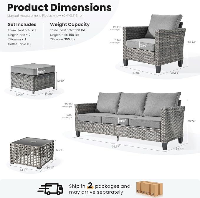 ovios 6 Pieces Patio Furniture Set Outdoor Sofa Couch with Solar Lights Table Comfy Cushions, Modern Deep Seat Wicker Rattan Conversation Set for Porch Deck, Dark Grey