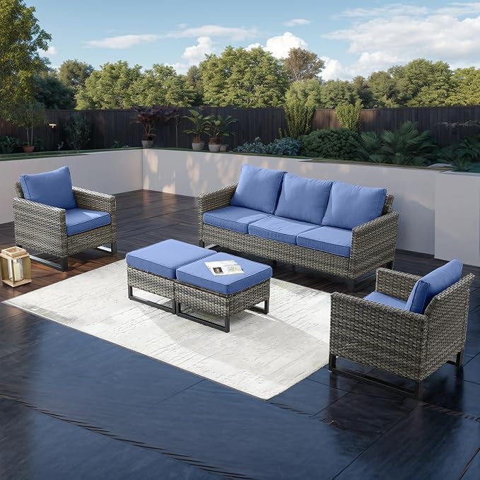 Rilyson Luxury Wicker Outdoor Patio Furniture Set of 5-5 Piece Patio Conversation Set with Ottoman*2, Wicker Chairs*2, Patio Sofa*1 for Outside Porch Deck Backyard Garden(Mixed Grey/Blue)