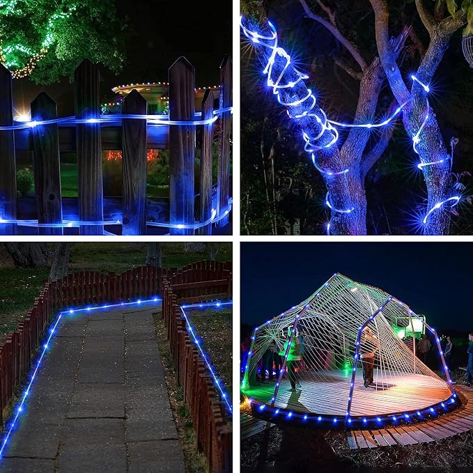JMEXSUSS 2 * 200 LED Blue Solar Rope Lights for Pool | 66ft IP 65 Waterproof Solar String Light Outdoor, 8 Modes Christmas Lights for Camp Trampoline Ladder Slide Tent