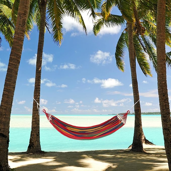 FOMIYES Extra Wide Camping Hammock with Anti-tip Duckbill Buckle, Striped Canvas Outdoor Garden Beach Hammock for Two, 150kg Load Capacity, Portable Backyard Travel Hanging Bed