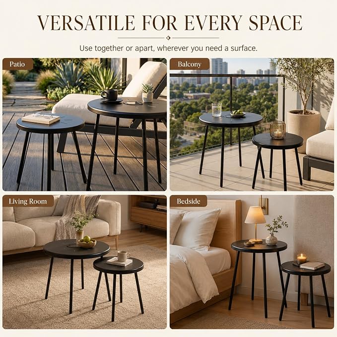 HRVEOCEI Black Round Nesting Coffee Table Set of 2, 2 PCS Small Outdoor Nesting Tables with LED Light for Living Room, Metal Side Table Set for Balcony Patio (50 Inch + LED)