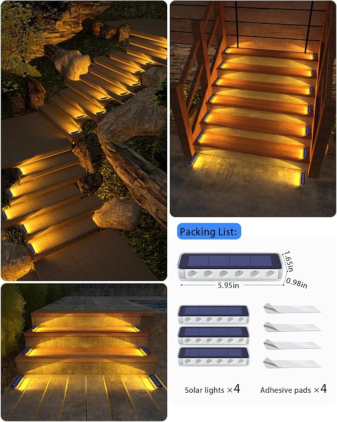DetarZinLED Solar Step Lights for Outside,4 Pack Solar Stair Lights Outdoor Waterproof,Warm White Deck Light Solar Powered Waterproof for Steps,Stairs,Walkway,Sidewalk,Patio,Pathway