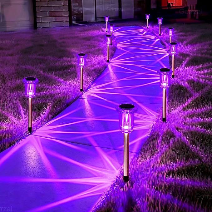 Halloween Solar Lights Outdoor 10 Pack LED Purple Pathway Lights | Waterproof Halloween Decorations Outdoor for Yard Garden Walkway Outside Driveway Landscape Path, Auto On/Off, Spike Pattern