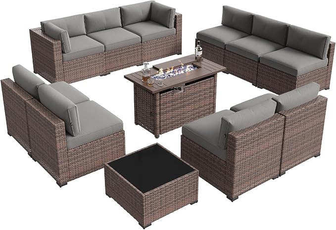 Aoxun Patio Furniture Sets, 12-Piece Outdoor Patio Furniture with 44'' Propane Gas Firepit Table, Wicker Outdoor Conversation Set Sectional Sofa for Backyard, Poolside, Garden