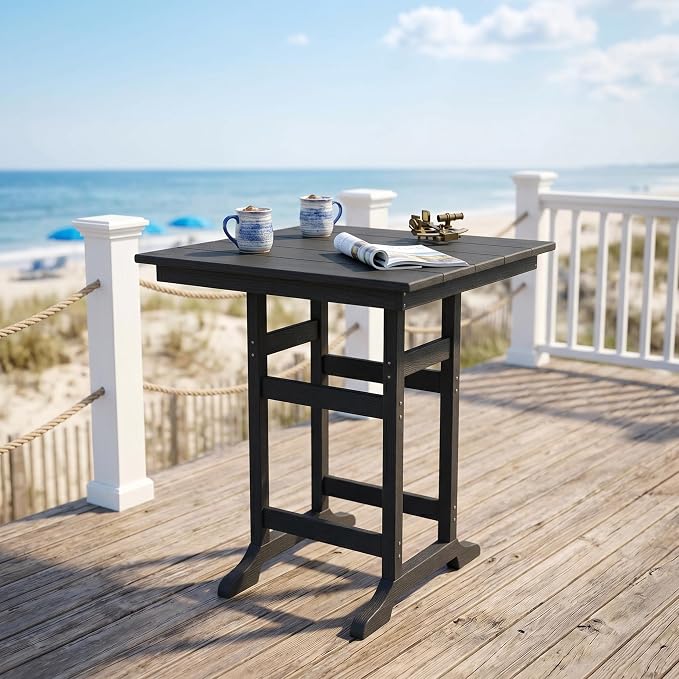 GarveeLife Outdoor Counter Height Bar Dining Table, HDPE Wood Grain Tall Bar Table – 39.6" High Square Pub Table, Cocktail Bistro Table Fits, for Patio, Garden, Poolside, Balcony & Yard (Dark Grey)