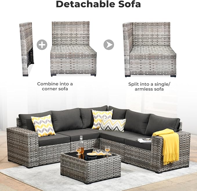 ovios 6 Pieces Patio Furniture Set, Outdoor Wicker Sectional Sofa with Coffee Table Comfy Cushions, Modern Modular Deep Seat Couch Rattan Conversation Set, Black