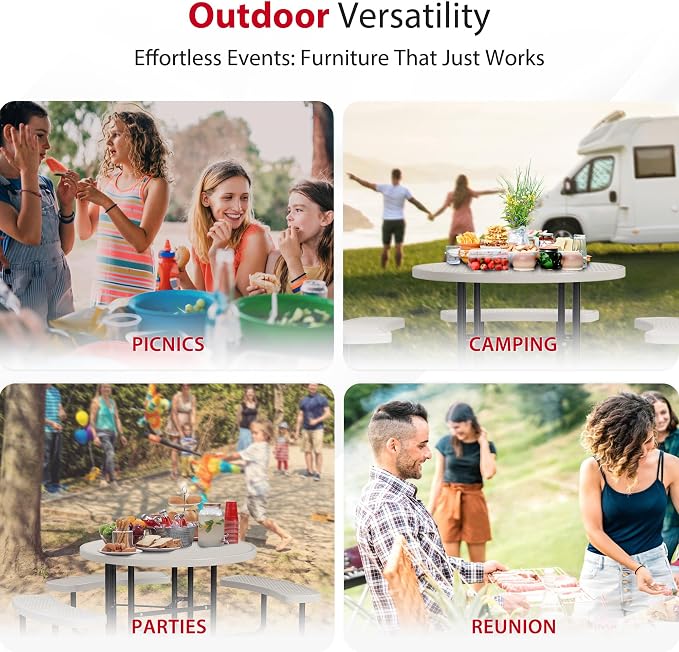 Leisure Craft Metal Picnic Table with Bench - 46" Round Outdoor Dining Table with Umbrella Hole, Heavy Duty Thermoplastic Coating, ADA Compliant, Commercial Grade Furniture Made in USA - Beige
