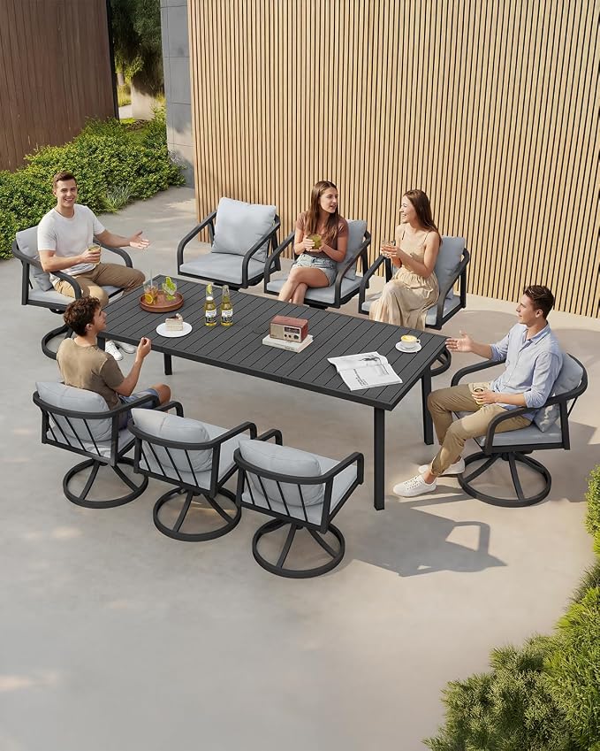9-Piece Outdoor Dining Set with 8 Swivel Chairs, Never-Rust Aluminum Patio Dining Set, Patio Swivel Dining Set with Wraparound Seating, Outdoor Furniture Set for Backyard, Lawn, Deck, Black