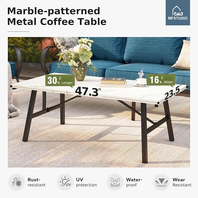 MFSTUDIO 6 Pieces Metal Patio Furniture Sets, 2 Swivel Chair, 1 Deep Seating 3-Seat Sofa, 2 Ottoman & 1 Marbling Coffee Table, All Weather 7 Seats Outdoor Conversation Set for Garden, Peacock Blue