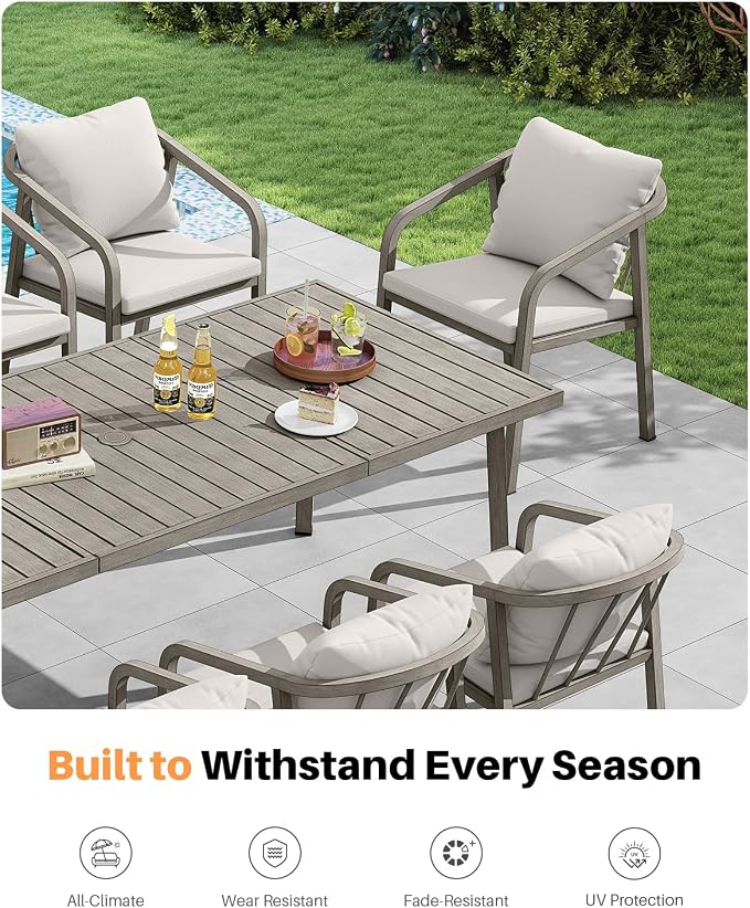 9 Pieces Never-Rust Aluminium Outdoor Dining Set, Patio Dining Table Set for 8, Patio Dining Set with Rectangle Table, Outdoor Dining Chairs with Removable Cushions for Deck, Balcony, Gray Oak