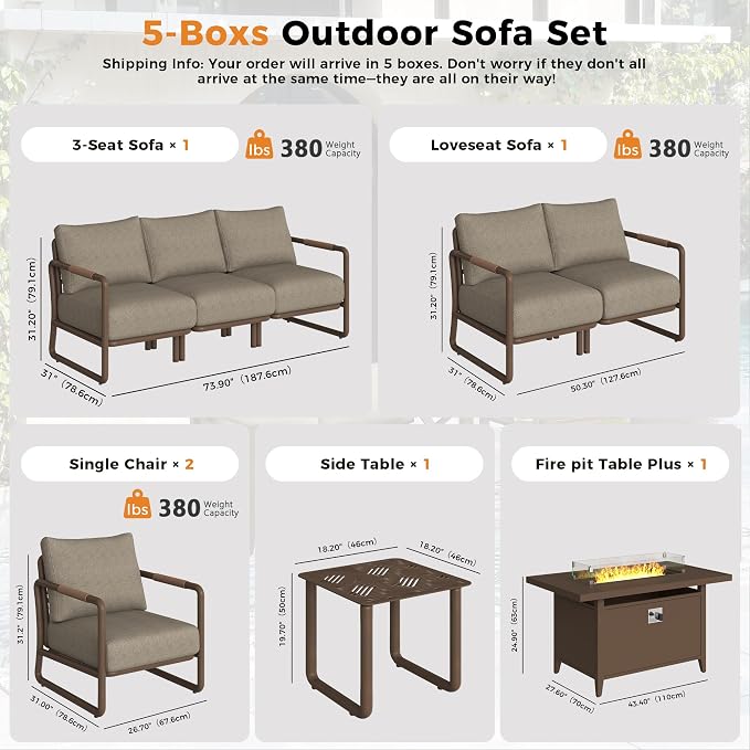 Outdoor Aluminum Patio Furniture Set with 43" Fire Pit Table,7-Seat Outdoor Conversation Set with 6.5" Thick Cushions & Coffee Table, All-Weather Patio Set for Backyard,Brown
