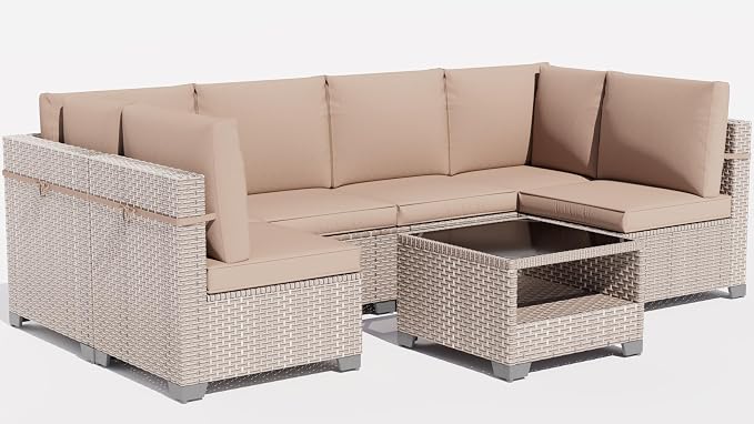 7 Pieces Patio Furniture Set, Outdoor Sectional Wicker Sofa with Thick Cushions and Storage Coffee Table, Rattan Patio Conversation Sets for Deck Yard Poolside, Khaki