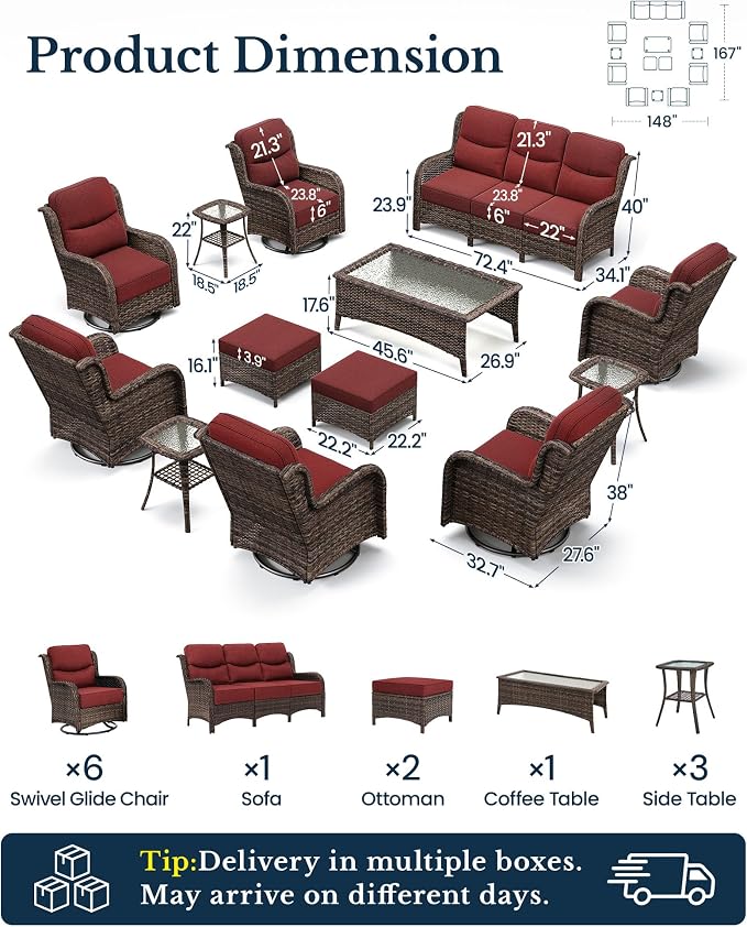 HILLGA Luxury Outdoor Patio Furniture Set with 6-Inch Thick Cushions,High Back Wicker Swivel Rocker Chairs, 13 Pcs All Weather Conversation Set for Large Deck, Yard and Poolside, Burgundy (V3)
