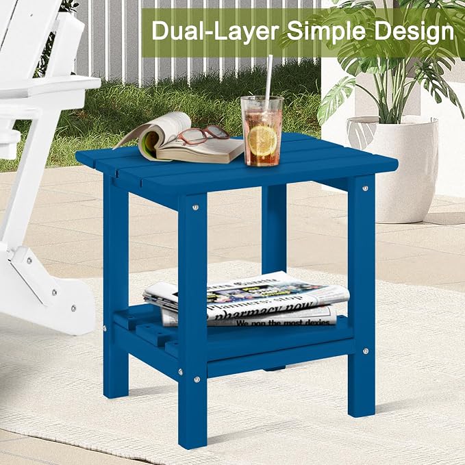 Set 2 Adirondack Outdoor Side Table, 2-Tier Small Patio End Table, Weather Resistant HDPE Outdoor End Tables for Garden, Lawn, Pool, Beach, Porch, Deck, Backyard - Square, Dark Blue