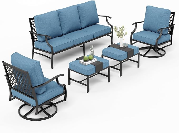MIXPATIO Patio Furniture Set 5 pcs, Outdoor Patio Furniture, 3-Seat Sofa, 2 Swivel Chairs, 2 Ottomans and 5.75" Extra Thick Cushion, Conversation Set for Backyard Deck,Navy Blue