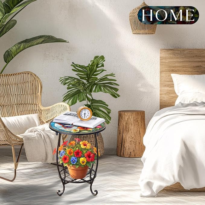 Cinnvoice Outdoor Side Table Round Small Mosaic Patio Accent Indoor End Plant Coffee Tea Table for Yard Patio Porch Garden Living Room, Bedroom(Butterfly C Style,14 Inch)