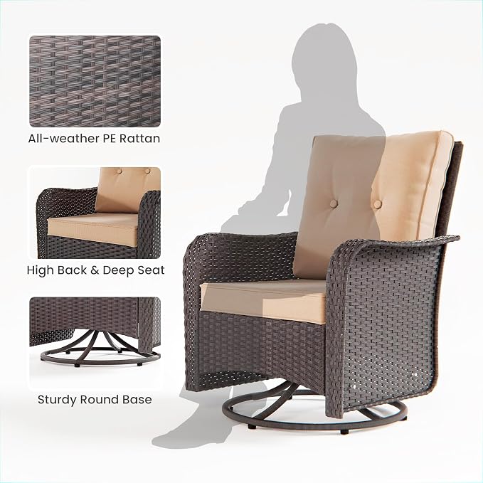 10 PCS Outdoor Patio Furniture Set,Outdoor Sectional Furniture with 43" 55000 BTU Gas Propane Fire Pit Table,All Weather PE Rattan Wicker Patio Conversation Set,Swivel Rocking Chairs Set,Sand