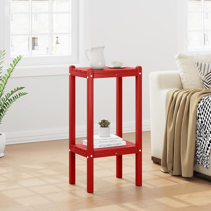 Costaelm Paradise 36"" Outdoor Adirondack HDPE 2-Tier Patio Side Table, Red, COS02990