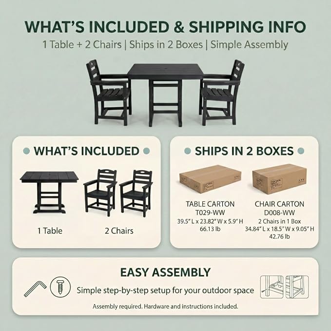 WILLIAMSPACE 37.8" Outdoor Patio Dining Set with 2 Armchairs, All Weather HDPE Square Dining Table with Umbrella Hole, Patio 3-Piece Bistro Set for Backyard, Balcony, Lawn, Kitchen (Black)