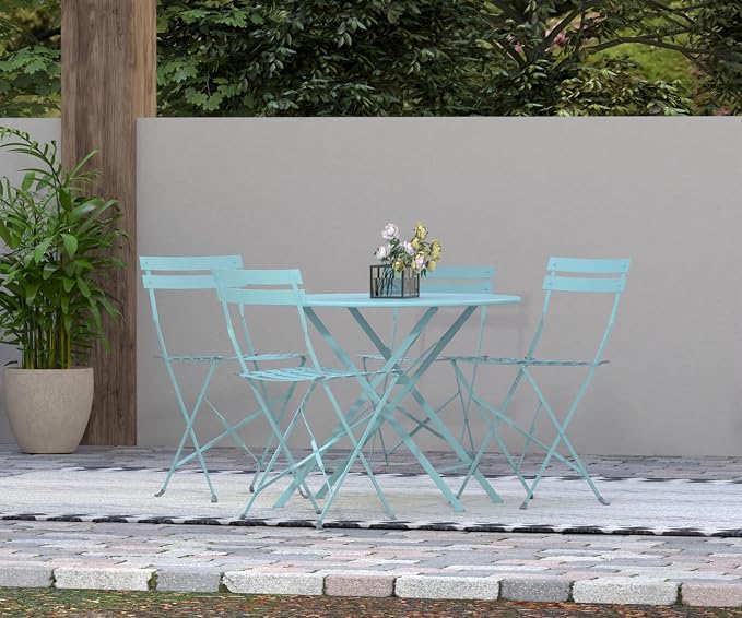 Carolina Chair & Table Round Folding Outdoor Bistro Table with 2" Umbrella Hole - Space Saving Fold Flat Design, Powder Coated Steel Patio Dining Table - Weather Resistant Garden Furniture(Teal,36")