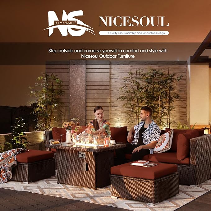 NICESOUL 15 Piece Outdoor Sectional with Fire Pit Table, Modern Luxury Patio Deep Seating w/Firepit, 29.3'' High-Back Wicker Couch Thick, Big High-Weight Capacity Sofa for Garden, Yard, Brown & Red