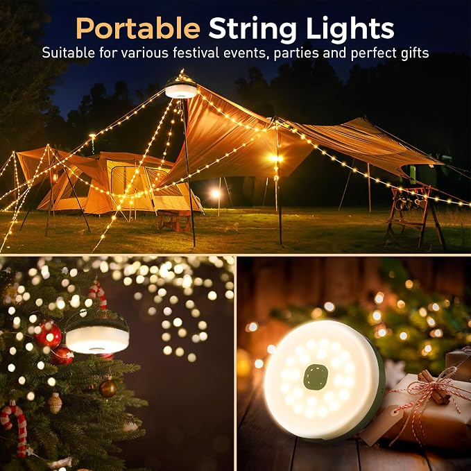Camping String Lights, 32.8FT Rechargeable Camping Lights with Quick Storage Reel, 8 Modes Waterproof Hanging LED Camping Lights for Tent, RV Awning, Patio and Outdoor Camping Gear Essentials