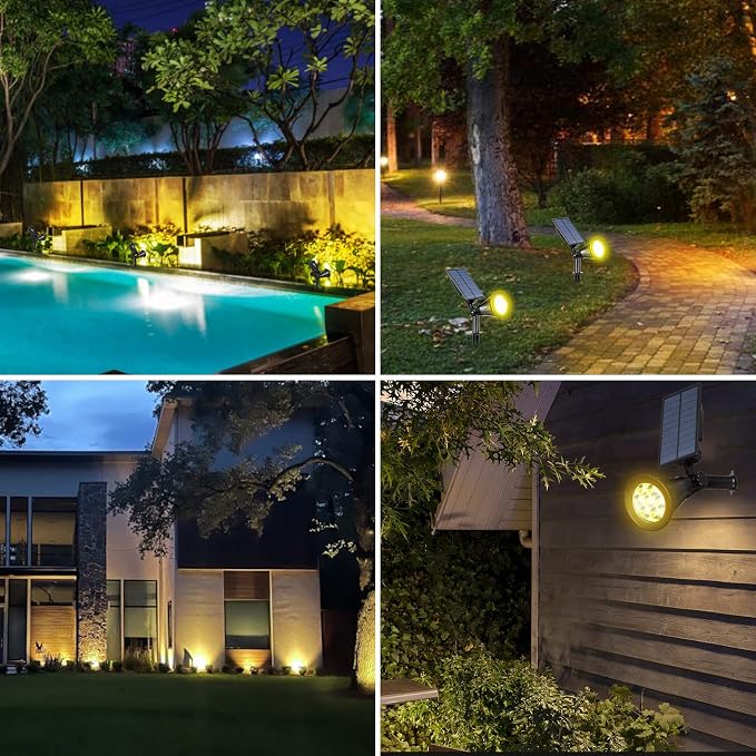 T-SUN Solar Spot Lights Outdoor Waterproof, Warm White, 4 Pack | 7 LEDs, 2 Lighting Modes, IP65 Waterproof Dusk to Dawn Solar Lights for Tree, Patio, Yard, Garden, Driveway, Pool Area