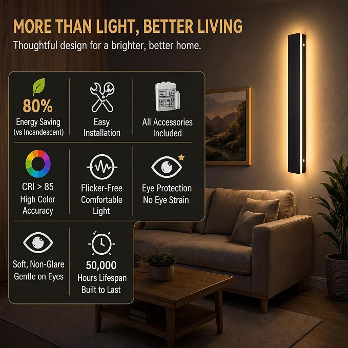 Modern Outdoor Wall Light 2pack 47in, 4.33in Width, Dimmable LED | 4800LM for Garage Front Door Porch, IP65 Waterproof Outdoor Sconce, Cover All Jbox, 3000K-6000K Adjustable, Matte Black