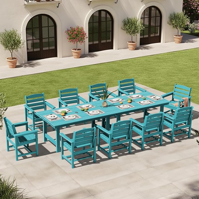 KINGYES 12 Piece Patio Dining Set, HDPE Outdoor Table and Chairs Set with Umbrella Hole, Aruba Blue
