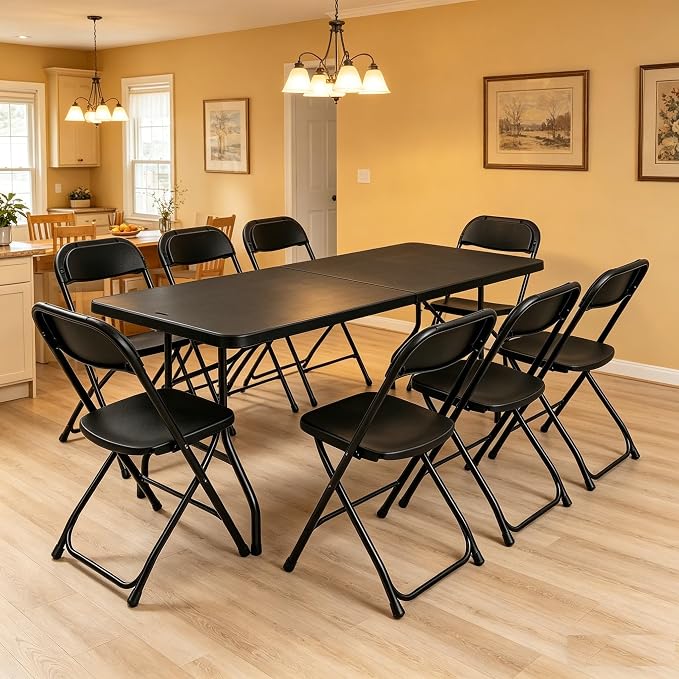 6FT Folding Table Set with 6 Plastic Folding Chairs, Black Heavy Duty Fold-in-Half Utility Table Chairs Sets for Picnic, Event, Training, Dining, Outdoor Activities Commercial Use