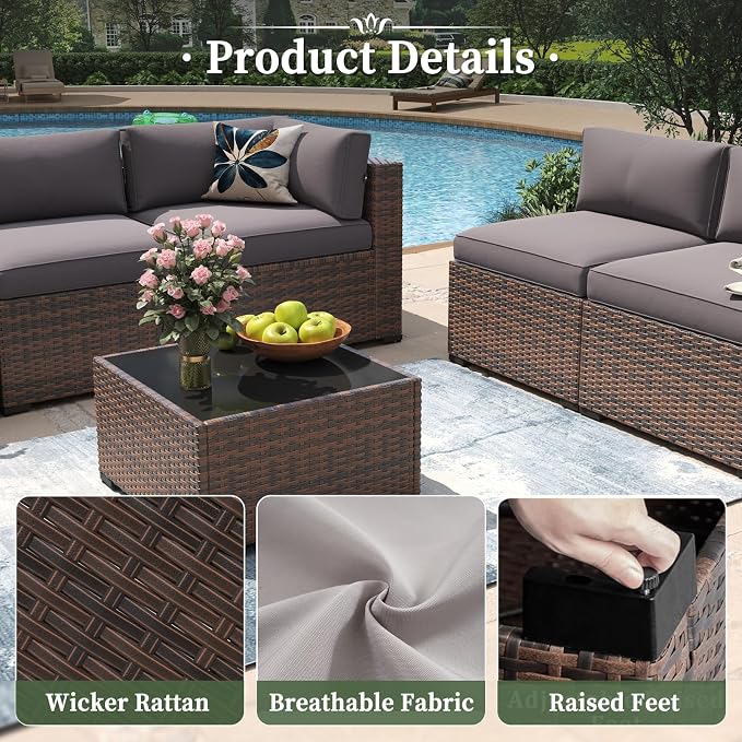 Aoxun 15 Piece Patio Furniture Set with 44” Fire Pit Table Wicker Rattan Outdoor Sectional Sofa Set with Coffee Table and Thickened Cushions, Grey