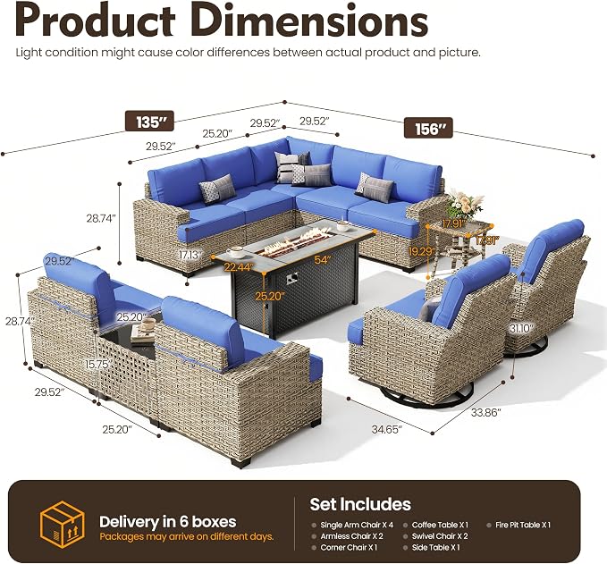 HOOOWOOO Sectional Patio Furniture Set with Fire Pit Table,12 Pieces Wicker Outdoor Furniture L Shaped Couch,Outside Conversation Set Extra Deep Sofa Wide Arm Swivel Chairs Solar Light,Navy Blue