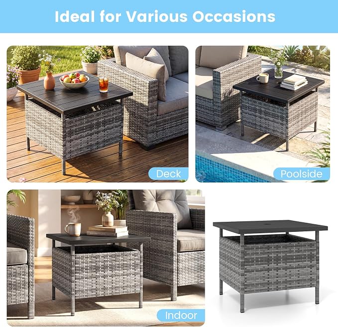 LDAILY Patio Table Umbrella, Outdoor Table with Umbrella Hole, Rattan Patio Side Table with Steel Umbrella Hole, HDPE Desktop & Metal Frame for Deck Garden Poolside Backyard Balcony (Mix Gray)