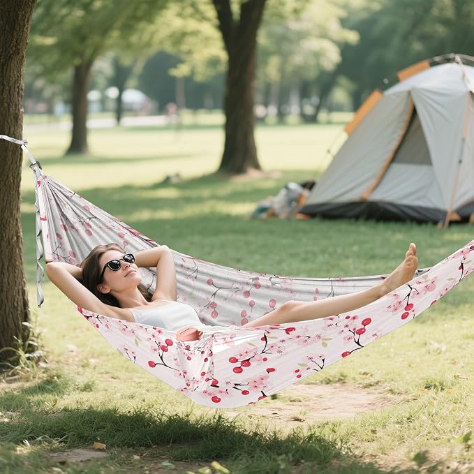 Camping Hammock Outdoor Hammocks for Outside Cherry Flower Pink Beach Trees Portable Lightweight with Pockets Tree Straps Indoor