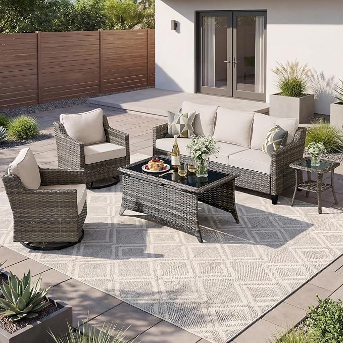 Luxury Patio Furniture sofa Set - 5 Pieces All Weather Wicker Outdoor Couch and High Back Swivel Rocker Patio Chairs with Glass coffee table for Deck Yard and Poolside Gray Wicker | Beige Cushions