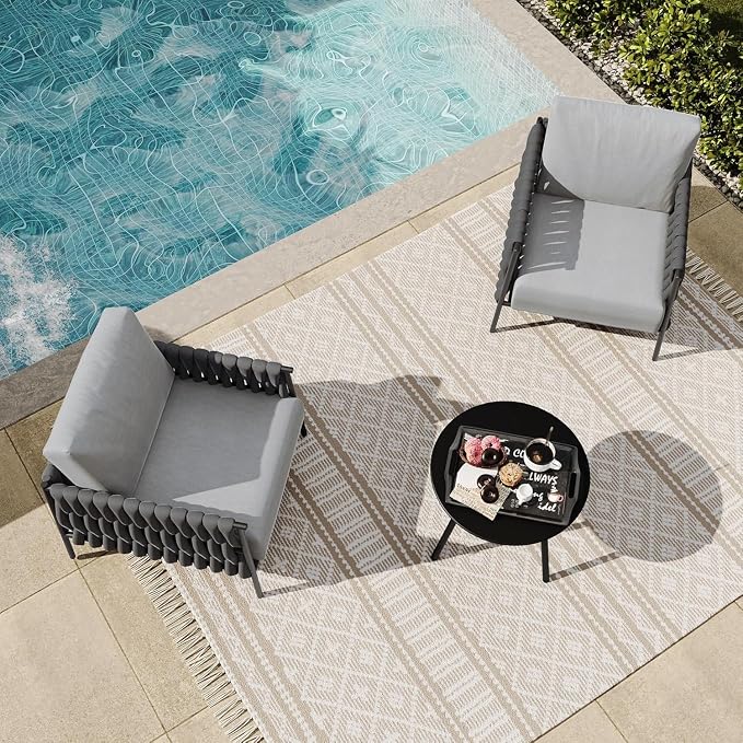 EAST OAK 3-Piece Patio Furniture Set | Armchairs & Coffee Table | Outdoor Furniture with Cushions | Deep Seating Modern Conversation Set | Garden, Porch, Balcony & Backyard | Misty Grey