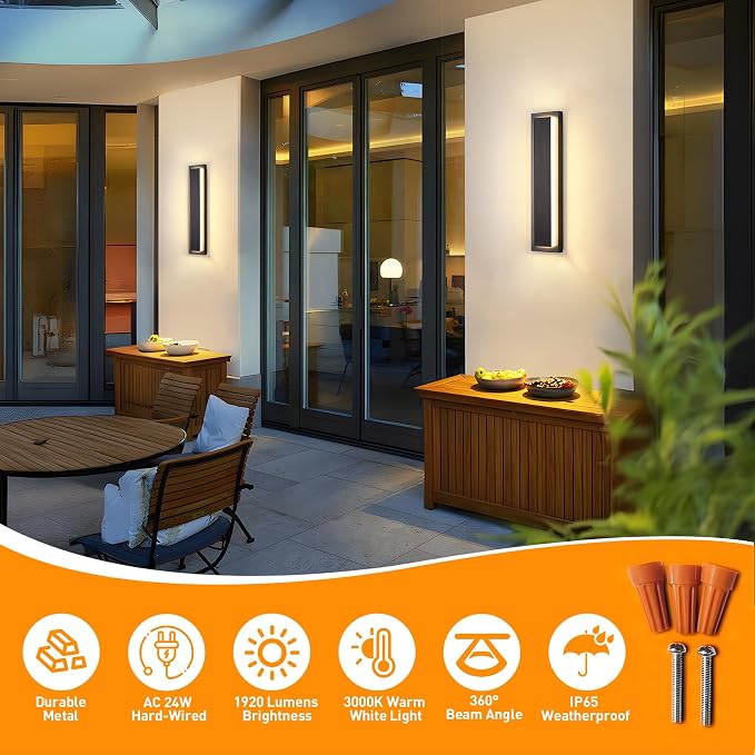 23.6 in Porch Lights Outdoor Sconce Light Exterior Lighting Fixture | Black LED Long Outdoor Wall Light For Porch,Front Door ,House,Patio, Waterproof, LED 24W 3000K Warm White,360° Angle,1 Pack