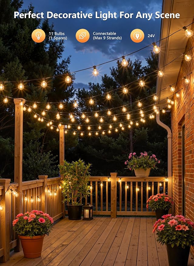 Brightown 37Ft Outdoor String Lights with Remote, 11 G40 Shatterproof LED Bulbs, Waterproof Connectable Hanging Patio Lights for Porch, Backyard, Bistro, Deck, Balcony, Home Decor, 2700K Dimmable