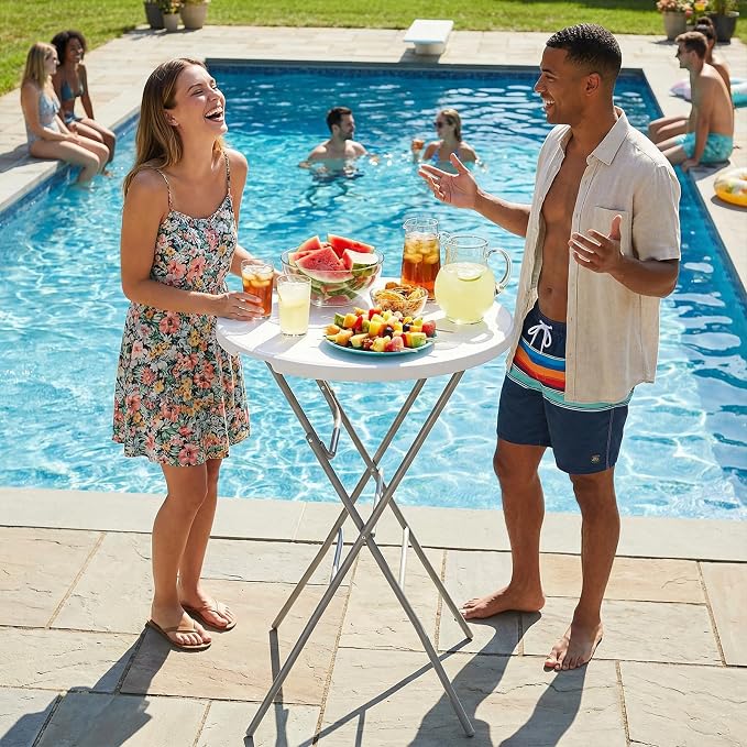 TLSUNNY 1Pcs 32" Folding Round Cocktail Table, Indoor/Outdoor High Top Bar Table W/Locking Leg & Removable Legs, Stabilizing Crossbar, for Party, Commercial Events, Bistro, 280LBS (1, White)