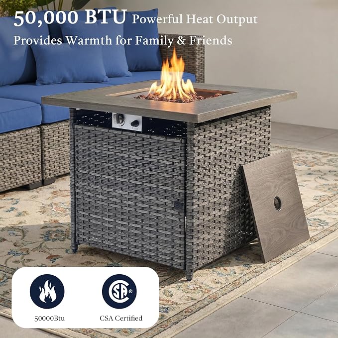 Wicker Patio Furniture Set- 4 Pieces Outdoor Swivel Rocker Chairs with 50,000 BTU Fire Pit Table,PE Rattan Outdoor Conversation Set for Garden Porch Deck