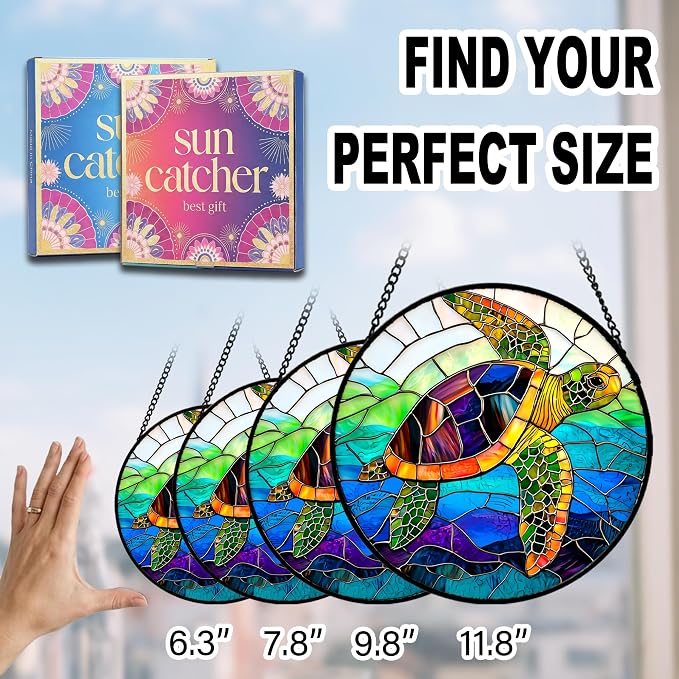Birthday Gifts for Women - Blue Sea Turtle Faux Stained Glass Window Hanging Sun Catcher for Door Garden Acrylic Decor Mother's Day Christmas for Mom Men Nana Grandma Sisters 7.8"