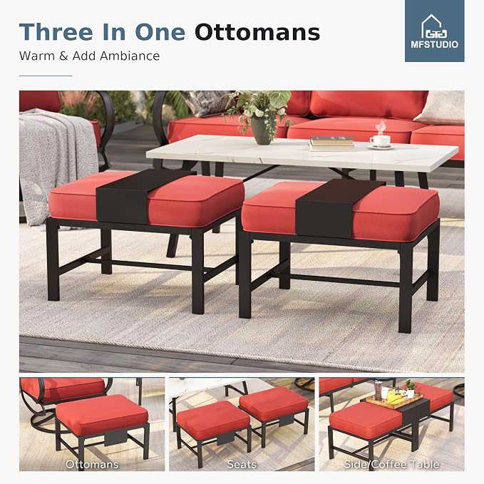MFSTUDIO 5 Pieces Patio Conversation Sets, 7 Seats Metal Patio Furniture Sets with 1 x 3-Seat Sofa, 2 x Sofa Chairs, 2 x Ottoman, All Weather Steel Patio Sets with 5.75inch Red Cushion for Garden