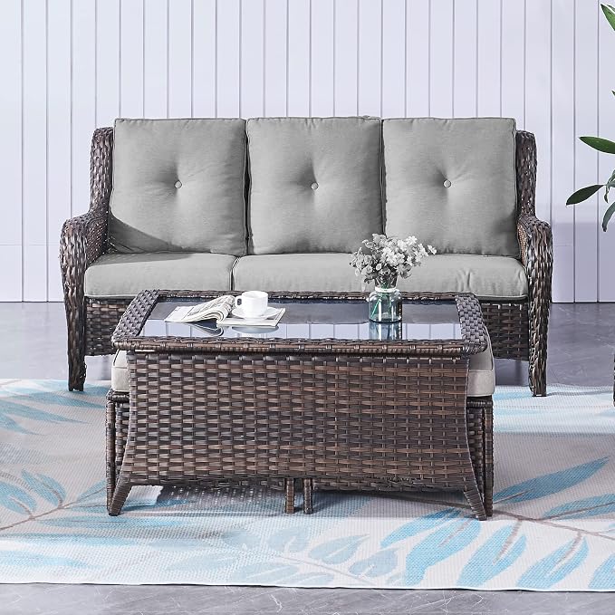 Belord Patio Wicker Furniture 4 Pieces Outdoor Furniture Set Patio Sofa Set with Wicker Chairs and Coffee Table, Paito Conversation Set for Porch Garden Deck Balcony Poolside