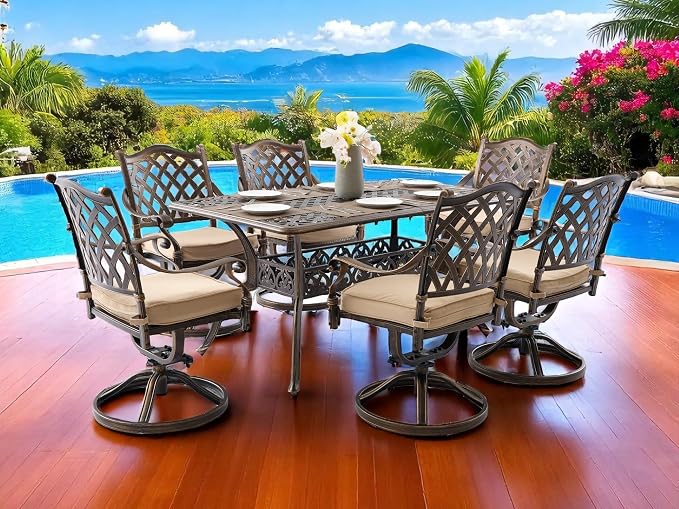 7 Piece Cast Aluminum Outdoor Dining Set, Retro Patio Dining Furniture Set for 6 Includes 59” Rectangular Table 6 Lattice Chairs with Thicker Cushions and Umbrella Hole for Porch Poolside Garden