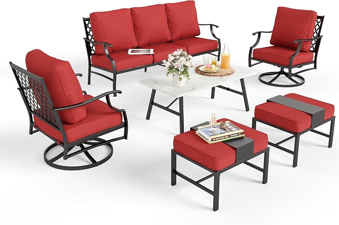 MIXPATIO Patio Furniture Set 6 pcs, Outdoor Patio Furniture, 3-Seat Sofa, 2 Swivel Chairs, 2 Ottomans, Coffee Table and 5.75" Extra Thick Cushion, Conversation Set for Backyard Deck, Red