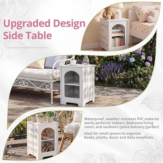 Outvita Side Table for Indoor & Outdoor, Square Modern Side Table with Storage Layer, Night Stand, Bedside Table, Tooless Assembly for Patio, Living Room, Bedroom