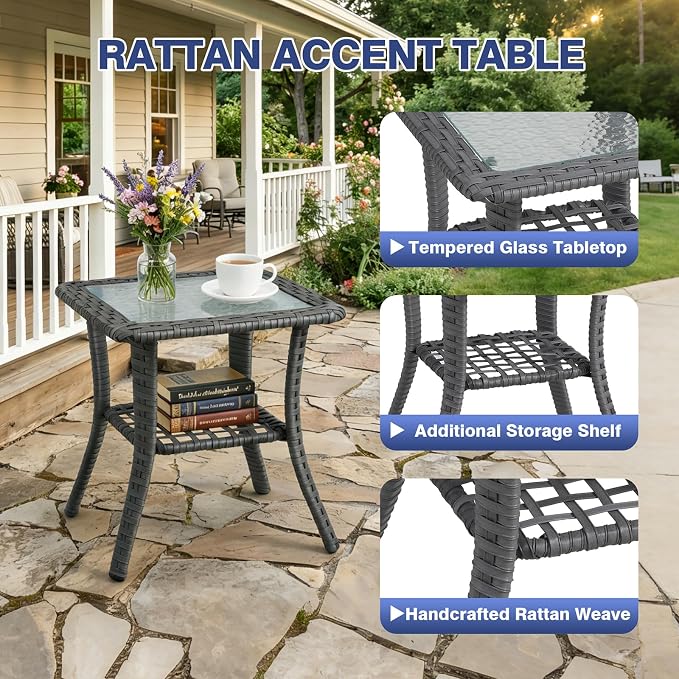 14 Piece Patio Furniture Set, 360°Swivel Glider Patio Chairs Set of 4, Outdoor 4 Ottomans,2 Sofas, 4 Side Tables Comfortable Seating with 6 Inch Thick Cushions, All-Weather Wicker Outdoor Patio Set
