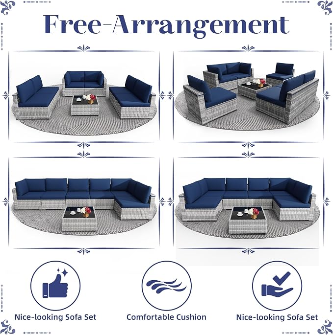 KIGOTY Patio Furniture Set,7 Pieces Modular Outdoor Sectional Sofa, PE Rattan Patio Conversation Set, All Weather Wicker Patio Furniture with Cushions and Coffee Table(Grey White/Dark Blue)