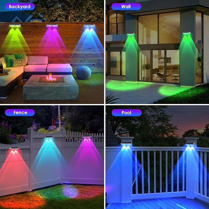 8 Pack Solar Fence Lights Outdoor - Warm White & RGB 6 Color, Dusk to Dawn Deck Light, Solar Powered Light Outdoor IP65 Waterproof, Solar Garden Lights for Outside/Backyard/Railing/Step/Patio/Wall